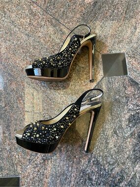 Twice Leather Black Studded Peep-Toe Slingback Heels with Gold Accents